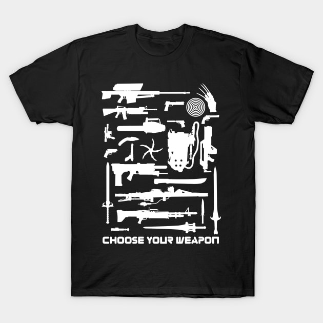 1980s Movie and TV Weapons Choose Your Weapon T-Shirt by Meta Cortex